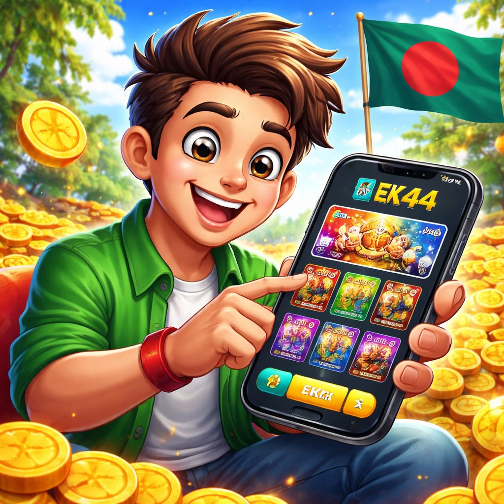 Cartoon EK44 mobile casino player holding a smartphone with coins and game icons
