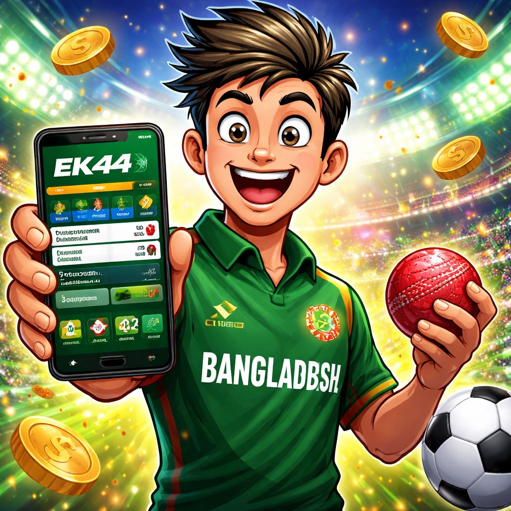 Cartoon sports bettor using a phone with cricket ball, football, coins, and EK44 style betting screen
