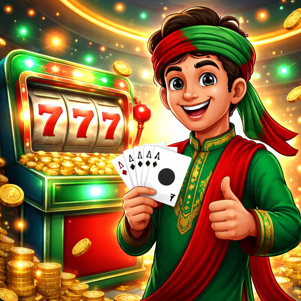 Cartoon EK44 Casino player celebrating with chips, cards, and slot reels