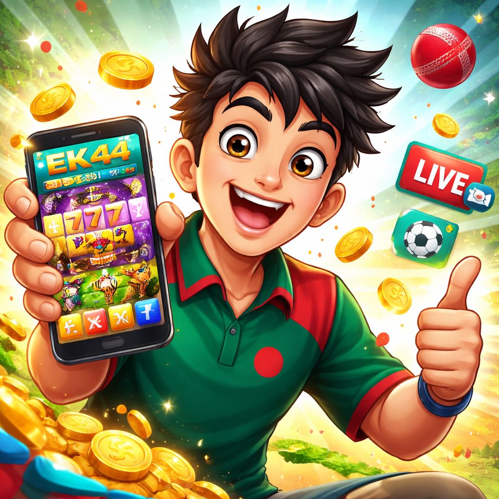 EK44 cartoon casino character holding a phone with coins and game icons