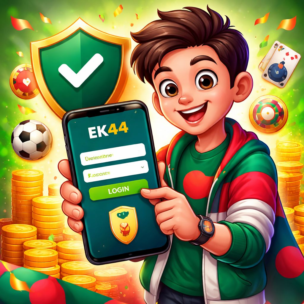 Cartoon EK44 player securely logging in on a mobile phone in Bangladesh