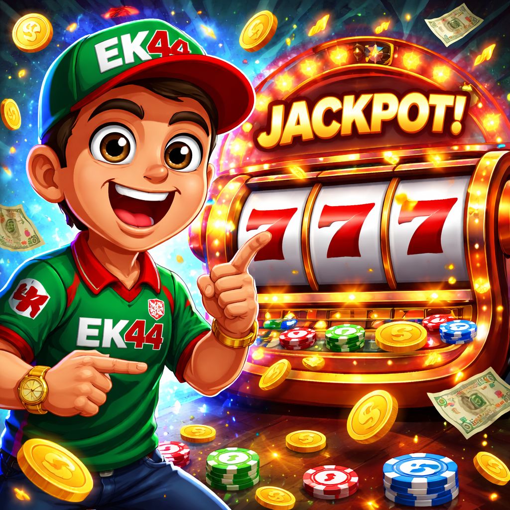 Cartoon slot player celebrating a win with EK44 themed reels and coins